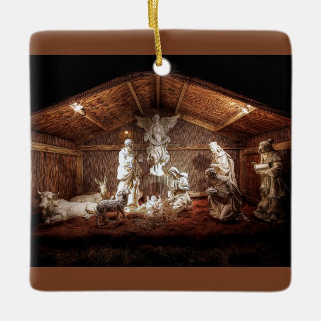 Christmas Advent Jesus Nativity Manger Scene Ceramic Ornament (Front)