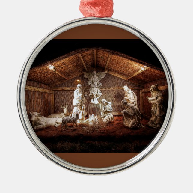 Christmas Advent Jesus Nativity Manger Scene Metal Tree Decoration (Front)