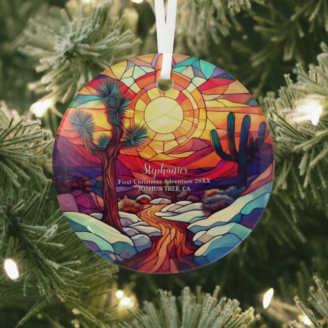Christmas Adventure Joshua Tree California Hike Glass Tree Decoration (Insitu)