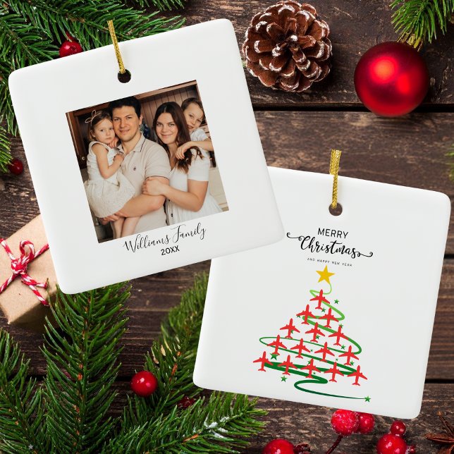 Christmas Aeroplane Tree & Photo Simple Aviation Ceramic Ornament (Creator Uploaded)