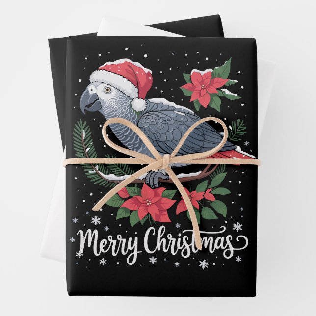 Christmas African Grey Parrot  Wrapping Paper Sheet (In situ)