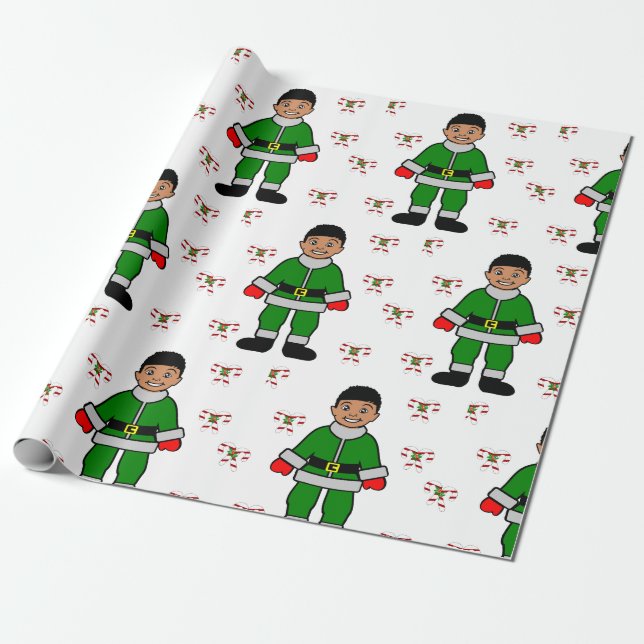 Christmas Afro Boy Kid Cute Elf Wrapping Paper (Unrolled)