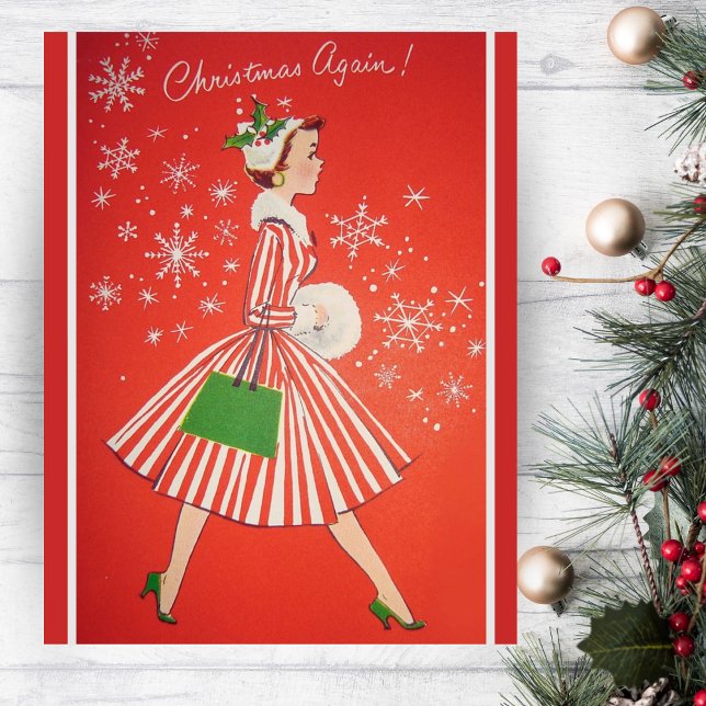 Christmas Again 1950s Fashion Lady Custom Holiday Card (Christmas Again 1950s Fashion Lady Custom Holiday Card. Add a special message and your name!)