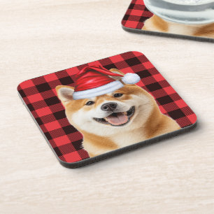 Christmas Akita Dog Red Buffalo Plaid Holiday Coaster
