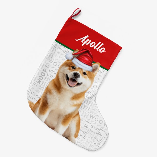 Christmas Akita Dog with Name Woof Background Large Christmas Stocking (Front (Hanging))