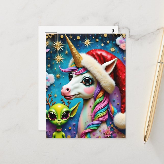 Christmas Alien and Unicorn Postcard (Front/Back In Situ)