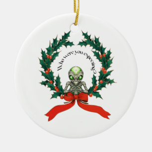 Christmas Alien Wreath Ceramic Tree Decoration