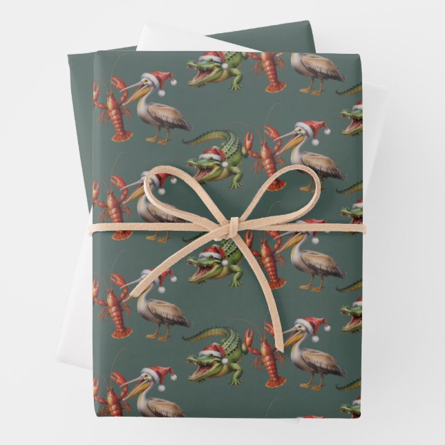 Christmas Alligator Pelican Crawfish Goose Animal Wrapping Paper Sheet (In situ)