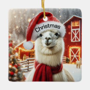 Christmas Alpaca wearing a santa hat Ceramic Ornament