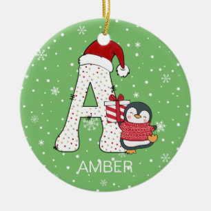 Christmas Alphabet A Santa Hat Penguin Snowflake Ceramic Tree Decoration