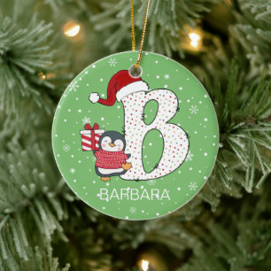 Christmas Alphabet B Santa Hat Penguin Snowflake Ceramic Tree Decoration