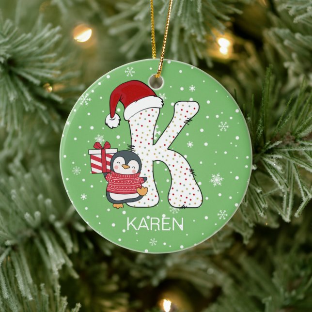 Christmas Alphabet K Santa Hat Penguin Snowflake Ceramic Tree Decoration (Tree)
