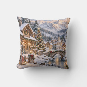 Christmas Alpine Village Winter Scene Cushion