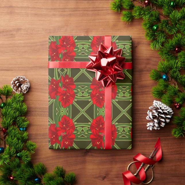 Christmas Amaryllis Dark Green Gift Wrap (Holiday Gift)