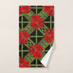 Christmas Amaryllis on Black Floral Hand Towel