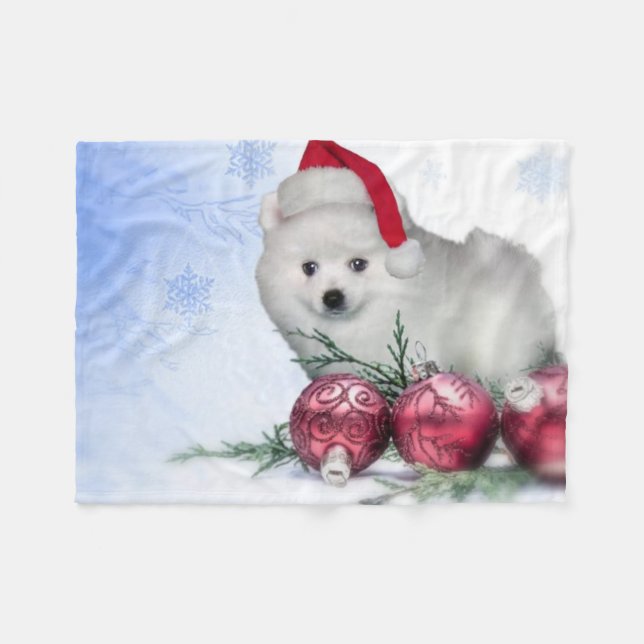 Christmas American Eskimo puppy Fleece Blanket (Front (Horizontal))