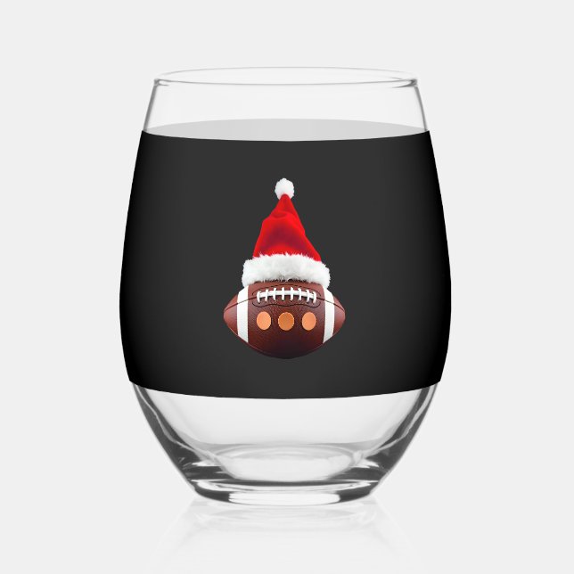Christmas American Football Ball Santa Hat (2) Stemless Wine Glass (Front)
