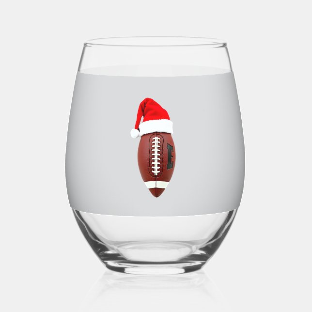 Christmas American Football Ball Santa Hat (3) Stemless Wine Glass (Front)