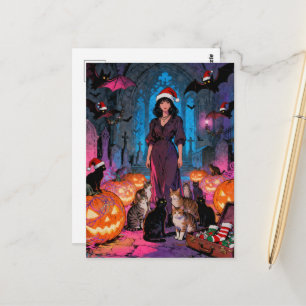 Christmas and Halloween Woman Bats Cats Postcard