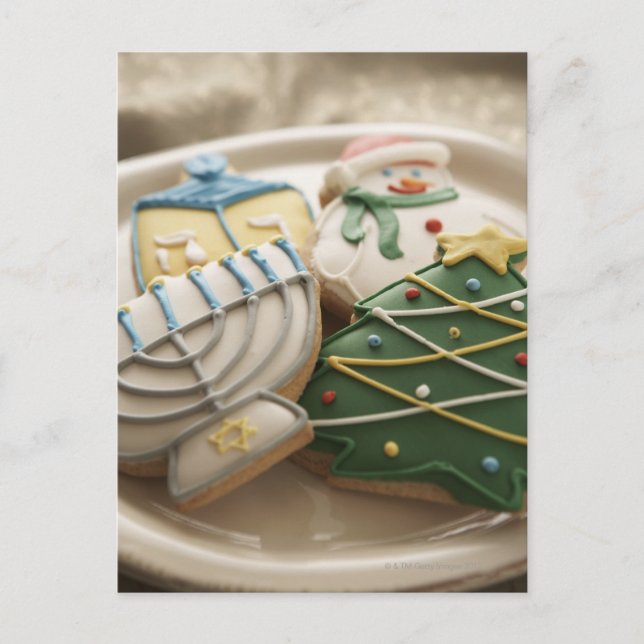 Christmas and Hanukkah cookies on plate, Holiday Postcard (Front)