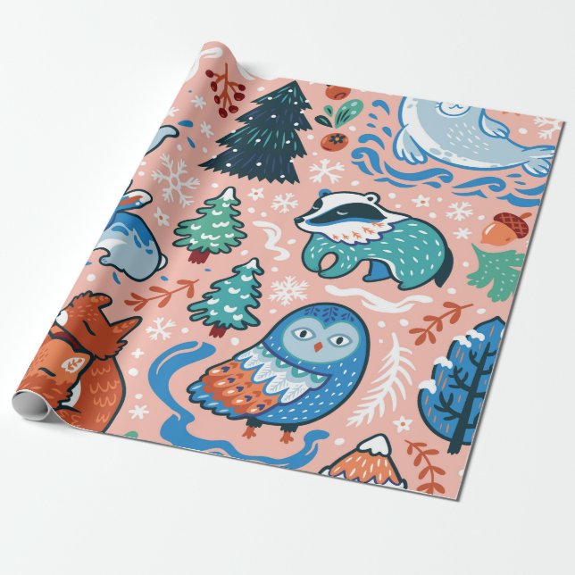 CHRISTMAS AND HANUKKAH FOREST ANIMALS GIFT WRAP (Unrolled)