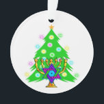 Christmas and Hanukkah Ornament<br><div class="desc">Featuring Xmas tree and menorah with jewish star of david surrounded by holiday presents on greeting cards,  postage,  gift ideas and apparel for the family.</div>