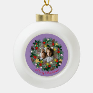 Christmas and New Year greetings, photo in a wreat Ceramic Ball Christmas Ornament