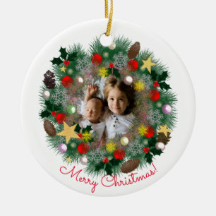 Christmas and New Year greetings, photo in wreath Ceramic Tree Decoration