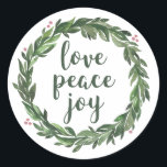 Christmas and New Year wreath. Love, Peace, Joy Classic Round Sticker<br><div class="desc">Christmas and New Year wreath sticker. Contact me,  please,  if you need additional items.</div>