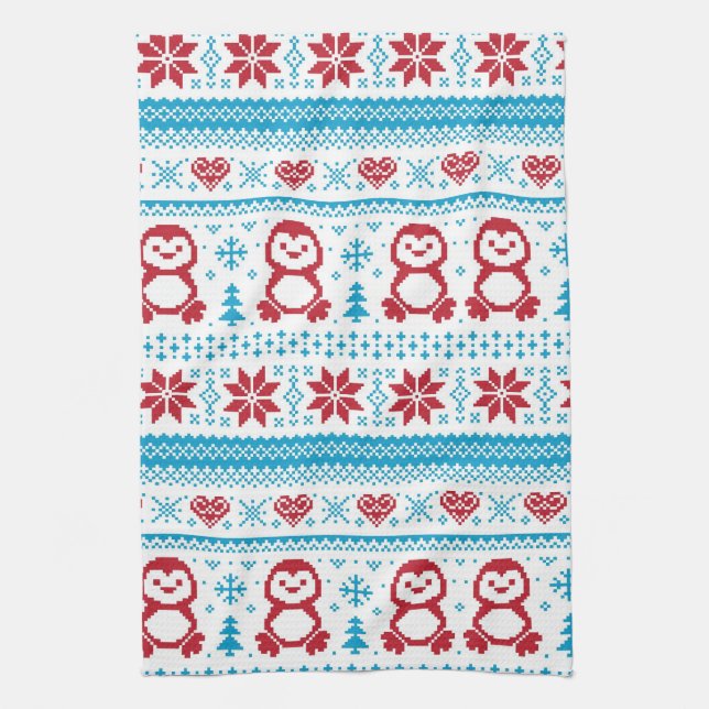 Christmas and Winter knitted pattern Tea Towel (Vertical)