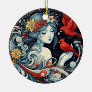 Christmas Angel and Cardinals  Ceramic Tree Decoration
