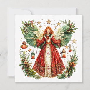 Christmas Angel and lighted lanterns with candles Holiday Card