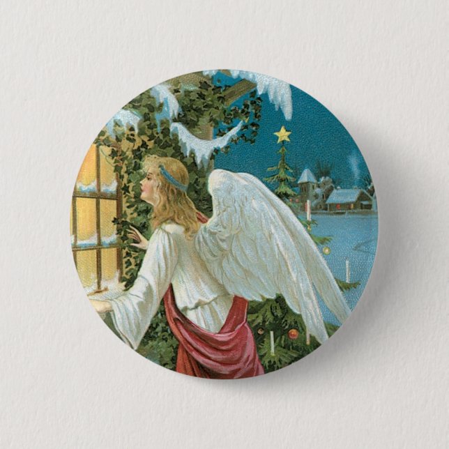 Christmas Angel at the Window 6 Cm Round Badge (Front)