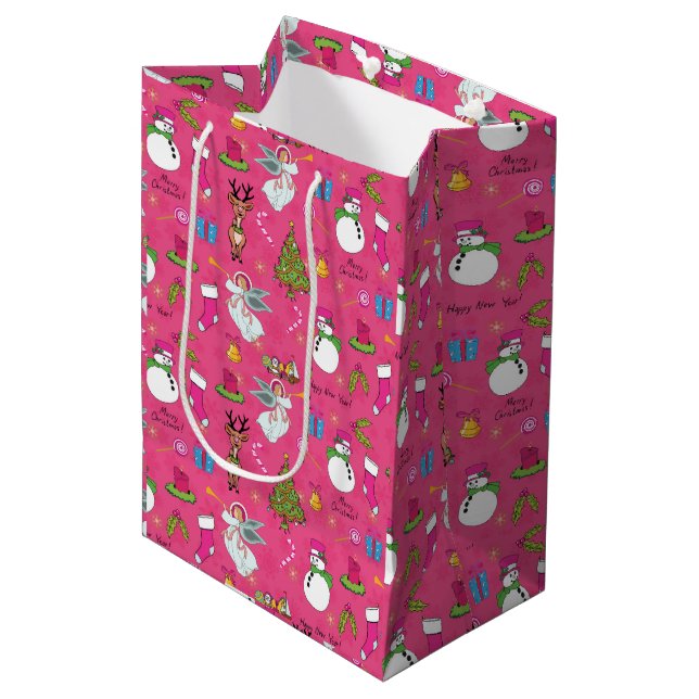 Christmas angel,deer and snowman medium gift bag (Front Angled)