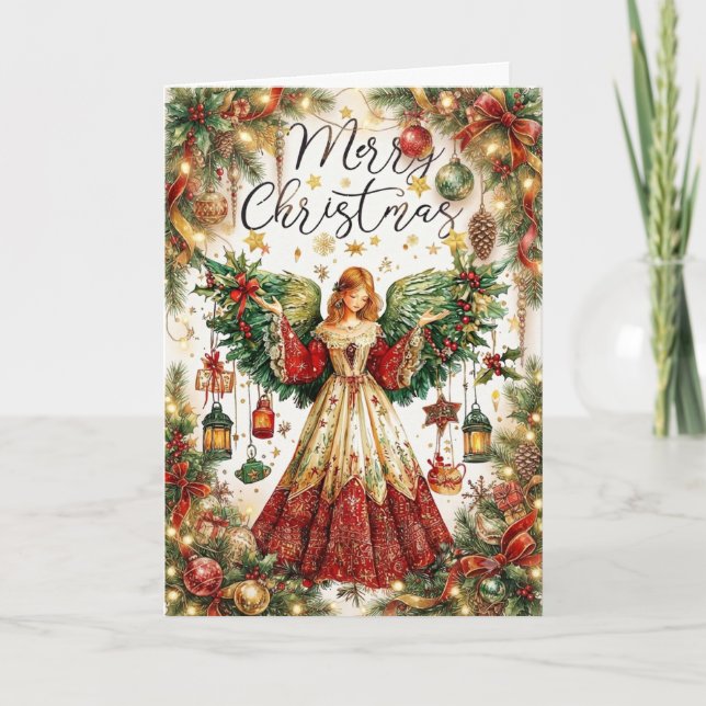 Christmas Angel & Lighted lanterns Merry Christmas Card (Front)