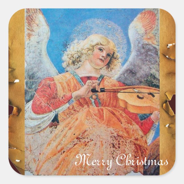 CHRISTMAS ANGEL MAKING MUSIC ANTIQUE PARCHMENT SQUARE STICKER (Front)