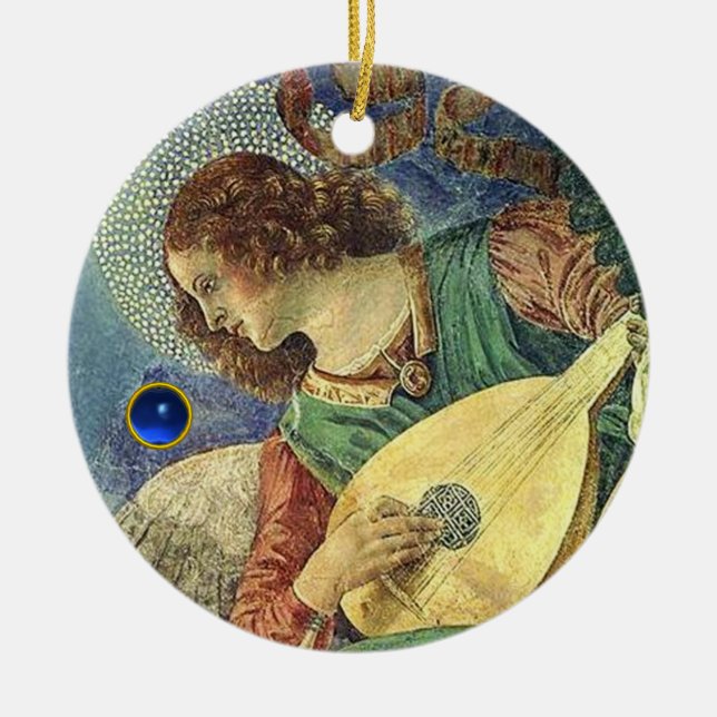 CHRISTMAS ANGEL MAKING MUSIC Blue Gem Stone Ceramic Tree Decoration (Front)