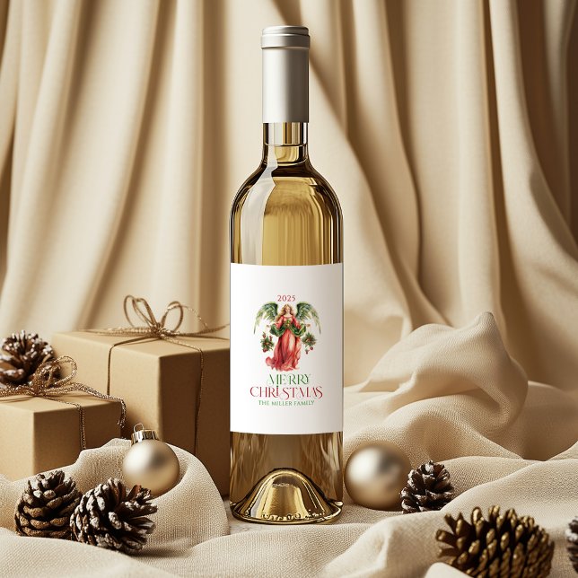 Christmas Angel Merry Christmas Typography  Wine Label (Creator Uploaded)