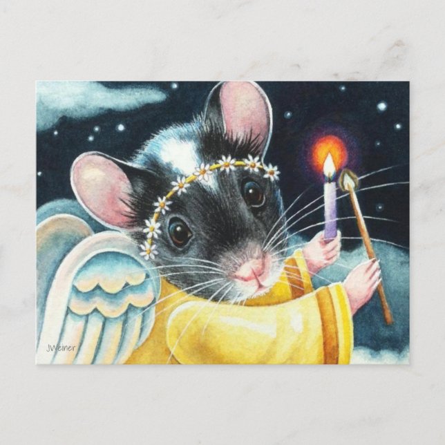 Christmas Angel Mouse and Candle Watercolor Art Postcard (Front)