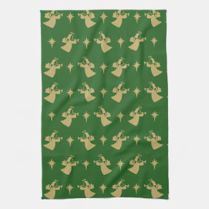 Christmas Angel Nativity Star Green Gold Tea Towel
