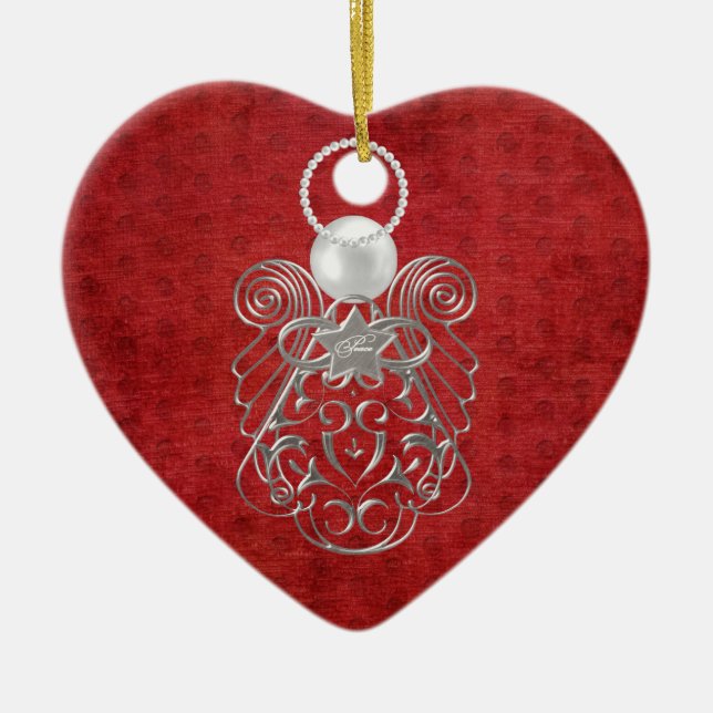 Christmas Angel of Peace on Red Textured Chenille Ceramic Tree Decoration (Front)