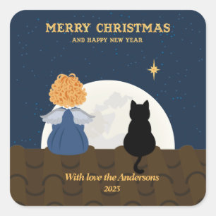Christmas angel on the roof on blue square sticke sticker