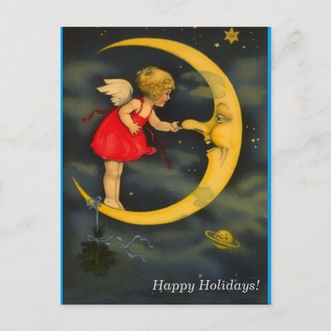 Christmas Angel Pinching Man in the Moon Nose Holiday Postcard (Front)