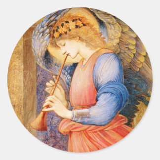 Christmas Angel playing trumpet art image Classic Round Sticker