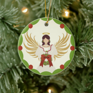 Christmas Angel Red Green Holly Wreath Year 2024 Ceramic Tree Decoration
