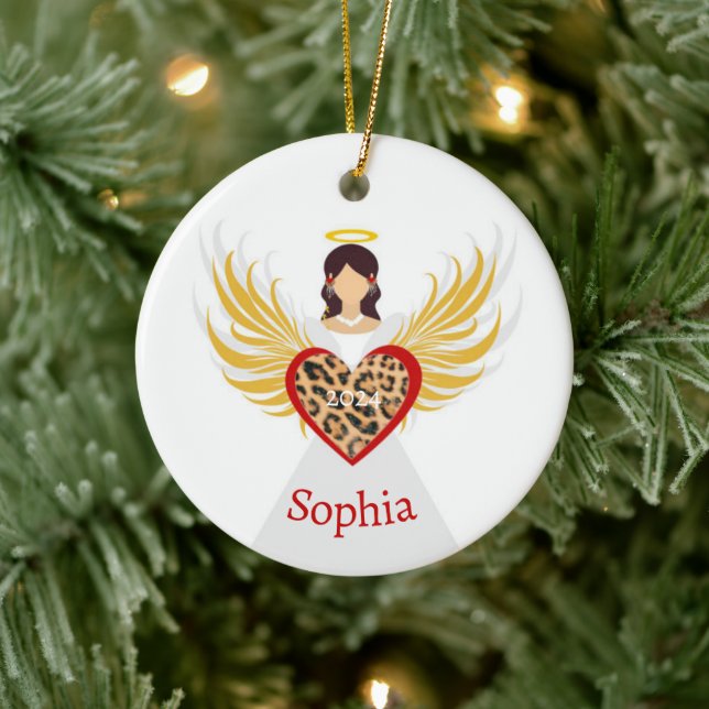 Christmas Angel Red Heart Leopard Wings Name Gift Ceramic Tree Decoration (Tree)
