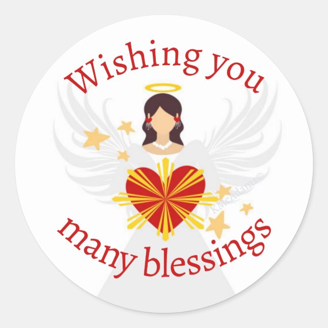 Christmas Angel Red Heart Stars Wishing Blessings Classic Round Sticker (Front)