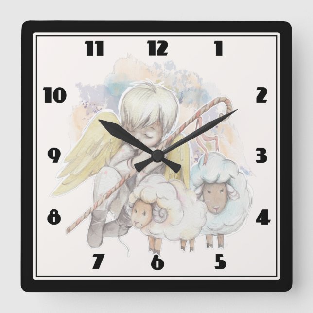 Christmas Angel Shepherd with Lambs Square Wall Clock (Front)