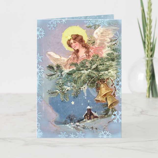 CHRISTMAS ANGEL & SNOWFLAKES by SHARON SHARPE Holiday Card (Front)