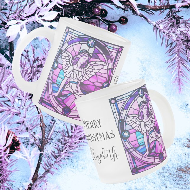 Christmas Angel Stained Glass Window Frosted Glass Coffee Mug (Front, Side And Back View)